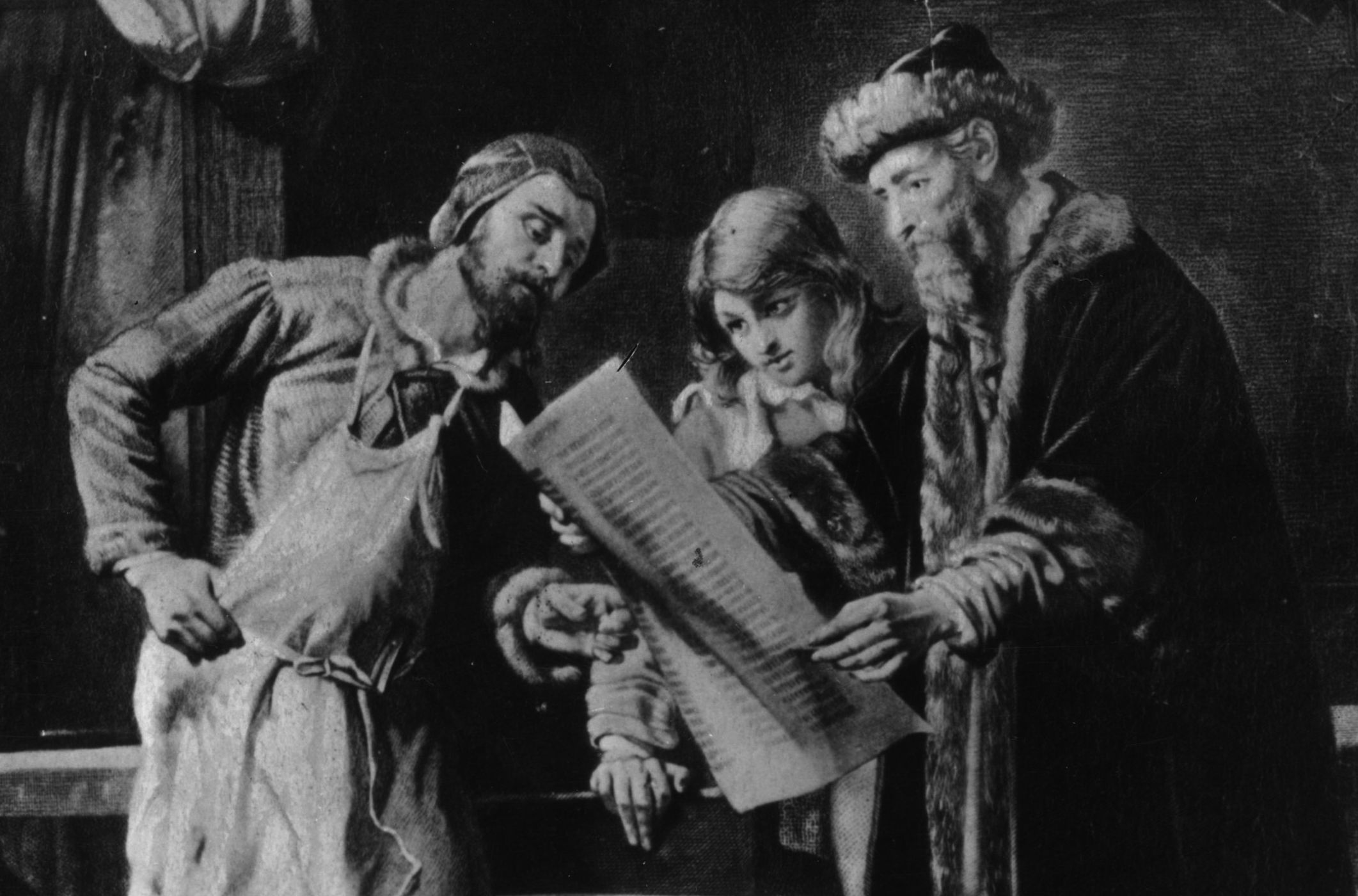 Circa 1450, Johannes Gutenberg (1400 - 1468) inventor of printing examines a page from his first printing press. (Photo by Rischgitz/Getty Images)
